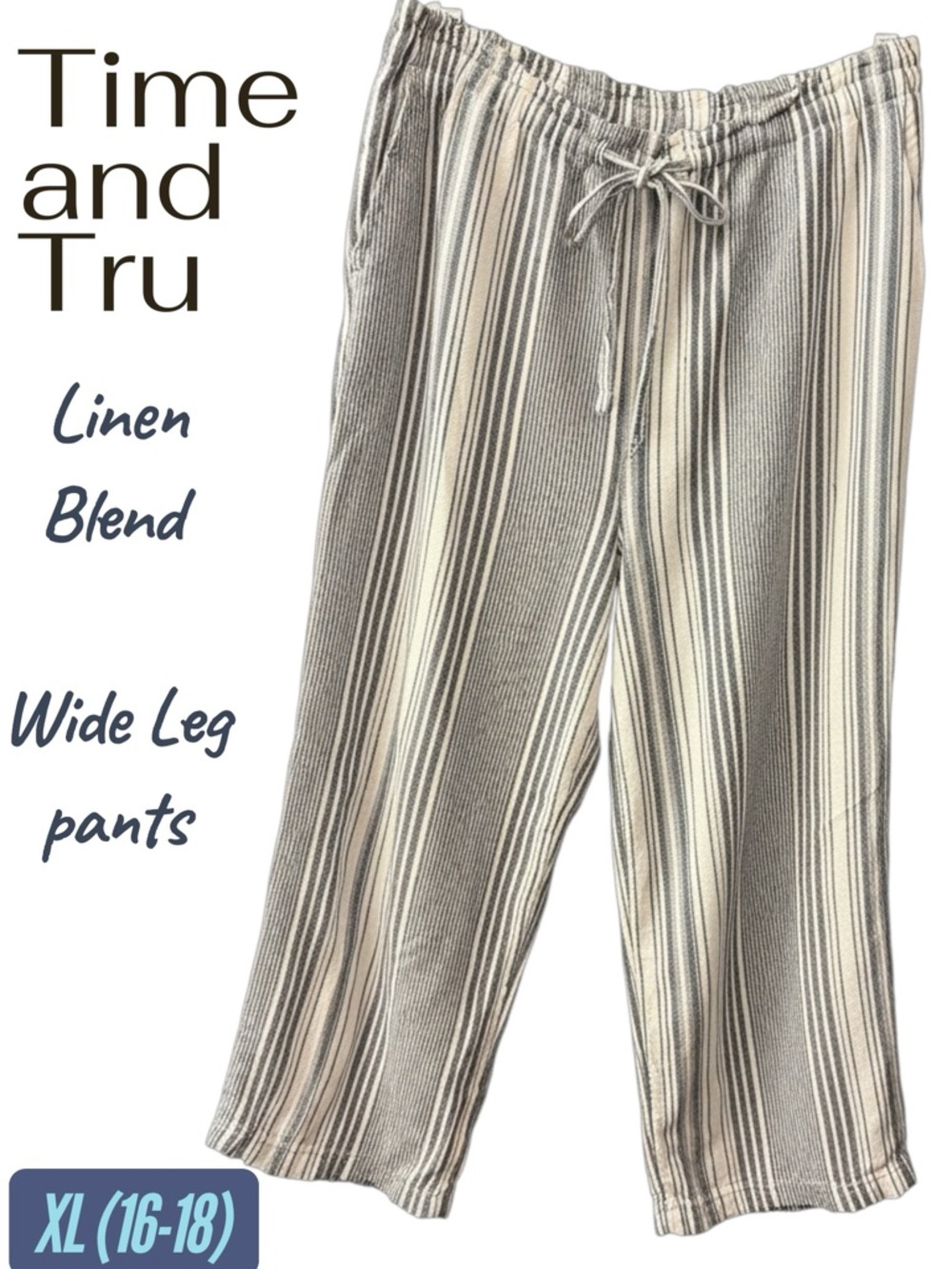 Time and Tru Neutral Striped Linen-Blend Wide Leg Crops